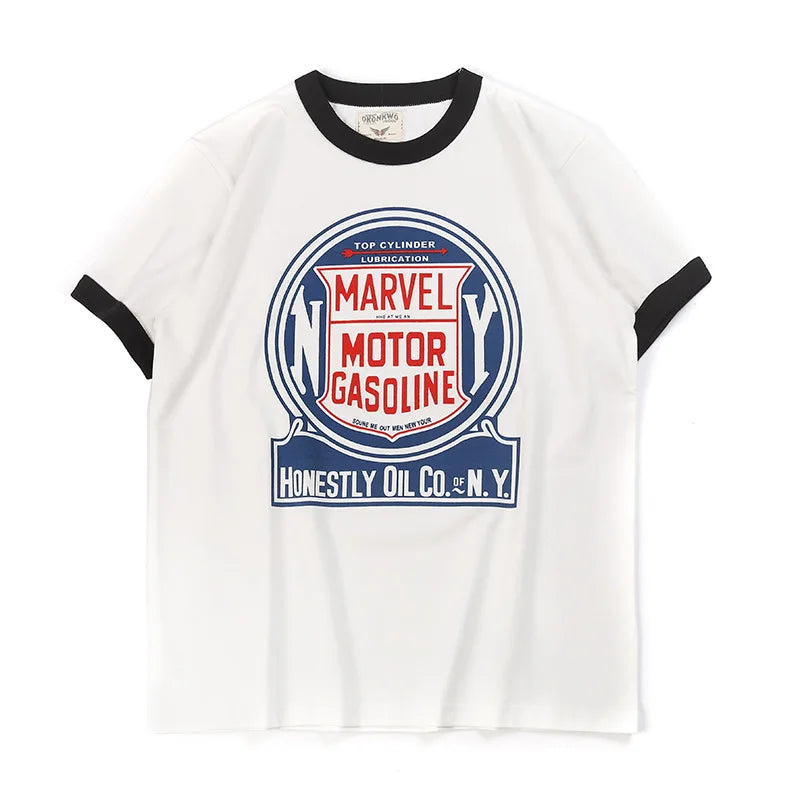 Summer Men'S Short Sleeved New Cotton Letter Printing Locomotive Element Thread Color Matching Round Neck Casual T-Shirt Street King Limited