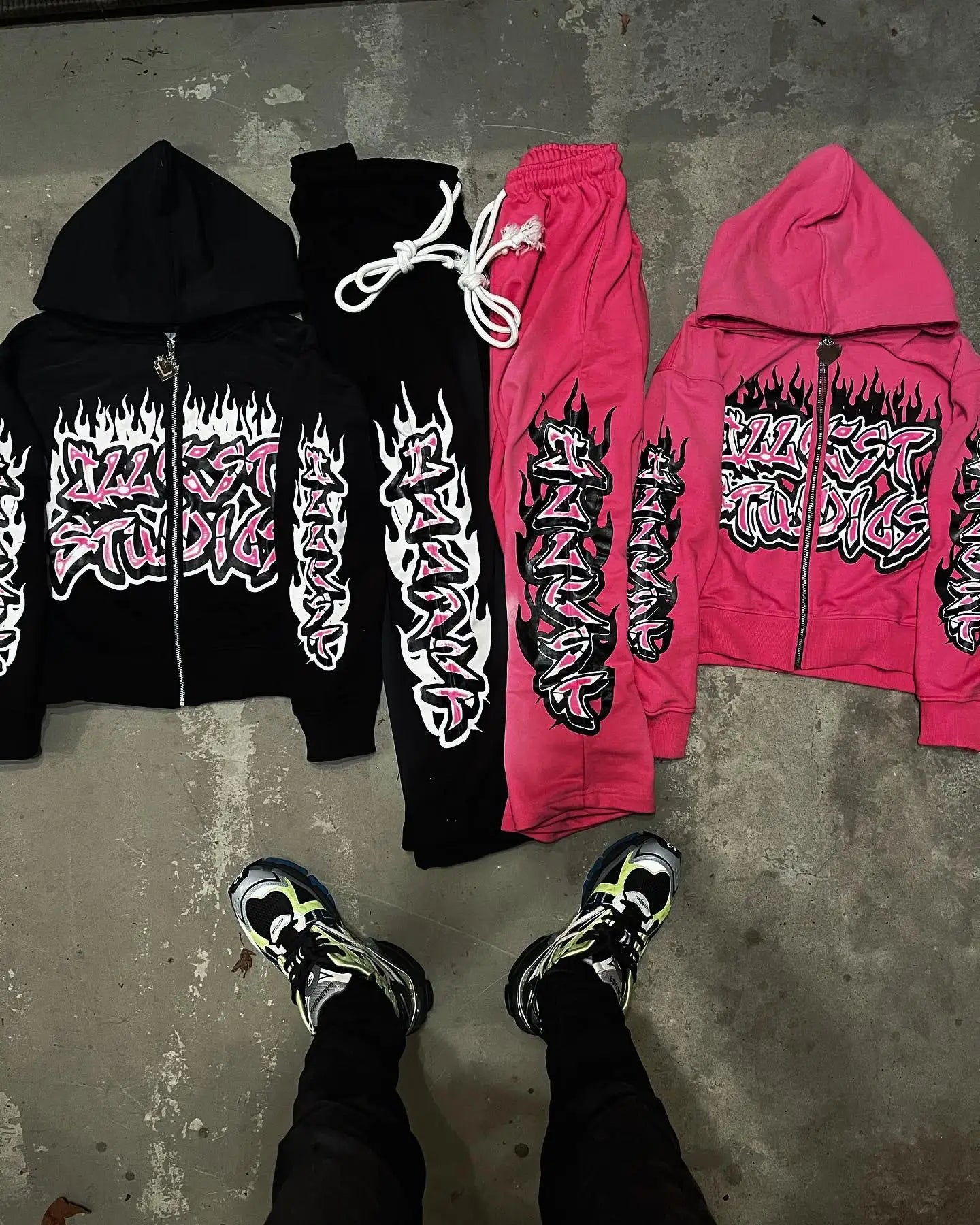 American Gothic Trendy Gothic Letters Printed Oversized Sweatshirt Set Men's Fashion Casual Loose Pants Zippered Sweatshirt Street King Limited