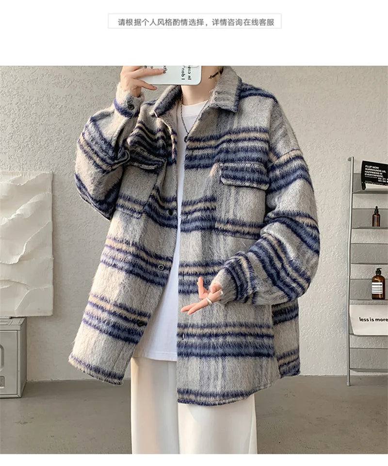 winter y2k vintage striped woolen jackets for men patchwork long sleeve plaid cardigan coats high street cargo shirt jacket unique cargo style 65