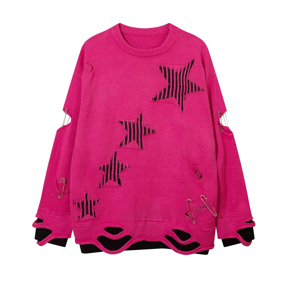 2023 Hip Hop Knitted Sweater Streetwear Star Graphic Distressed Ripped Pullover Men Harajuku Casual Knitwear Unisex Punk Street King Limited