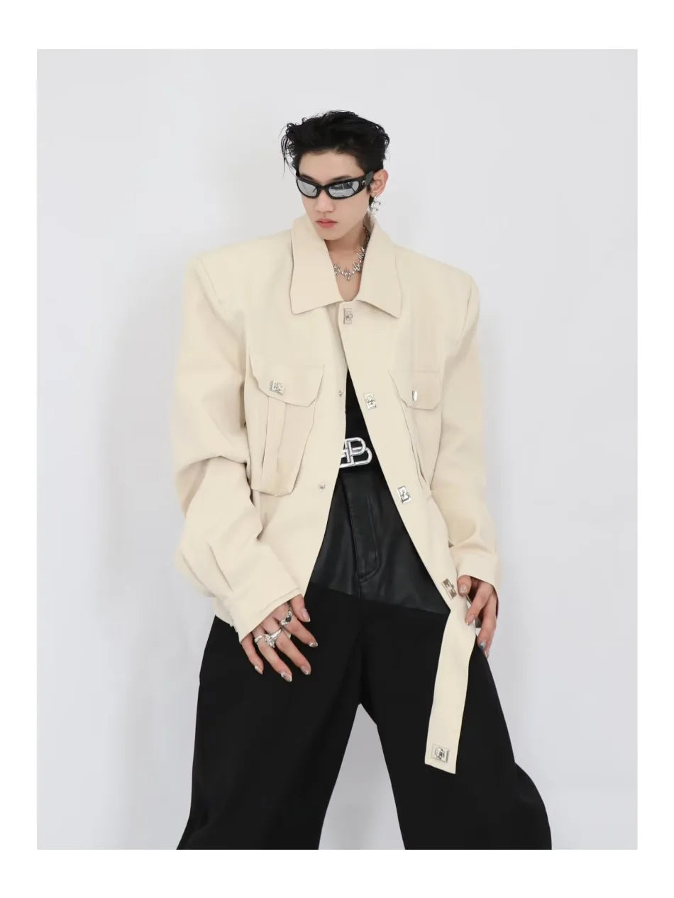 trendy high street jacket mens unisex metal button shoulder pad short coats multi pocket punk hip hop loose outwear oversized unique shorts style 3531
