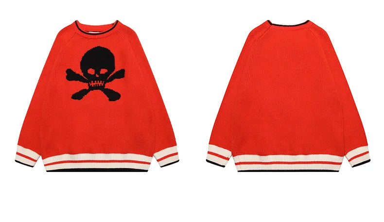Hip Hop Knitted Sweater Mens Autumn Winter O-neck Skulls Pullover Streetwear Casual Warm Loose Sweaters Unisex Jumpers Knitwear Street King Limited