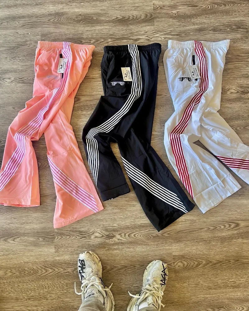 american retro trend striped stretch waist women nine point pants y2k harajuku fashion loose casual couple sports wide leg pants unique default style 2130
