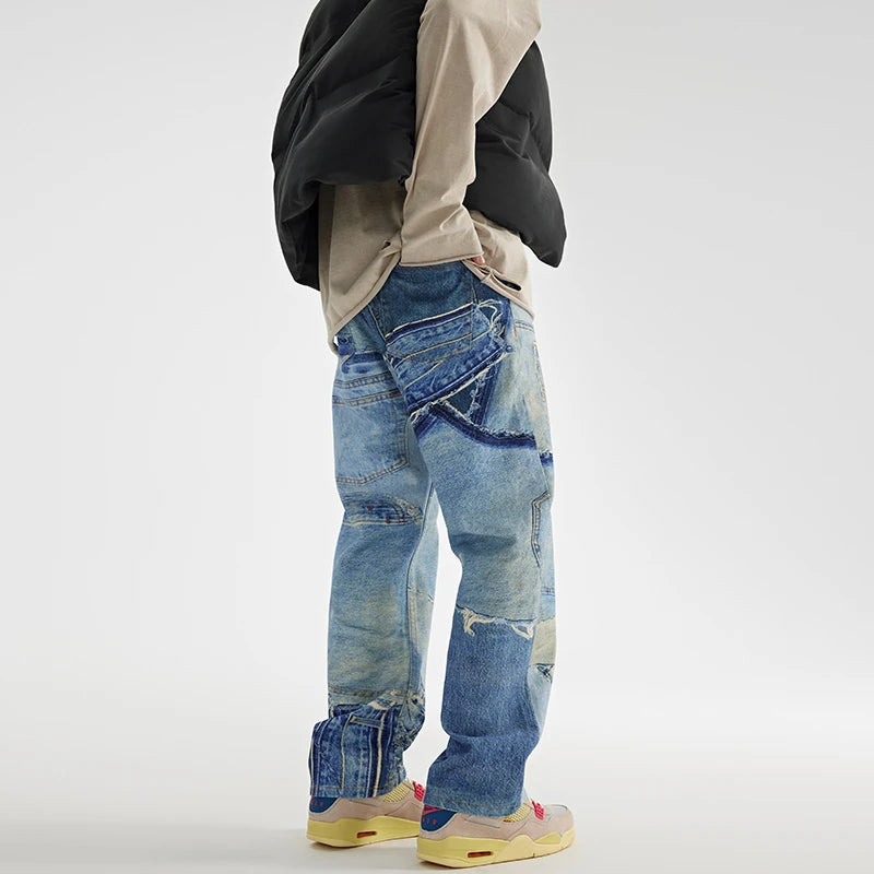 fashion fake patchwork printed denim jeans mens new casual zipper straight loose jeans streetwear hip hop baggy pants joggers streetwear sweatpants