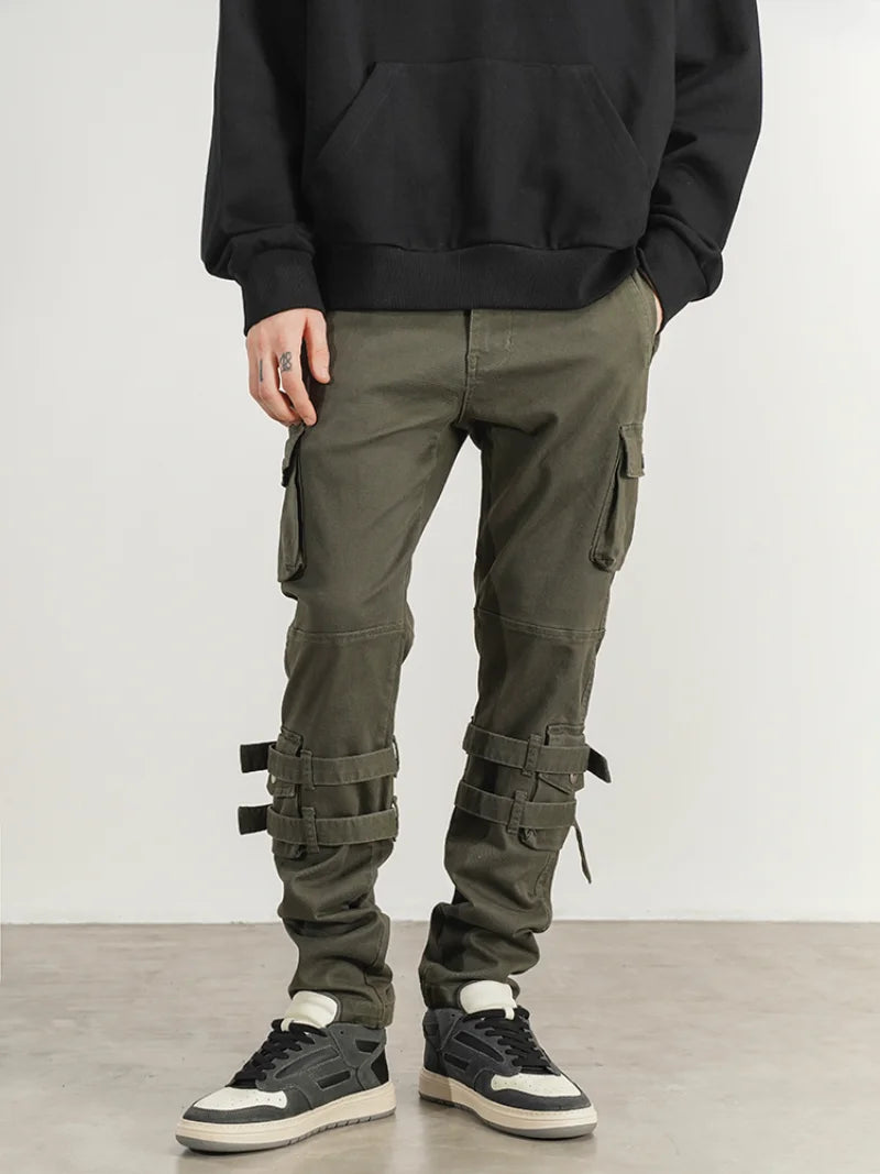 mens high street jeans casual hip hop military cargo pockets trousers new fashion slim fit zipper skinny denim pants joggers sporty tapered joggers