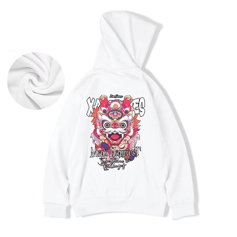 New Lion Dance Graphic Hoodies For Men Y2K Streetwear Fleece Hooded Sweatshirts Hip Hop Fashion Oversized Pullover Hoody Clothes Street King Limited
