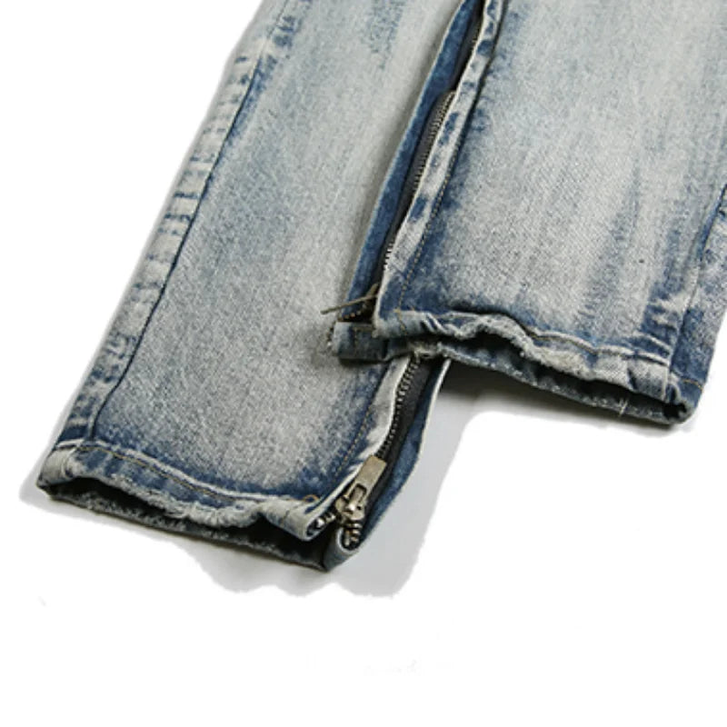 bottom zipper destroyed washed jeans skinny jeans ripped holes trousers men biker jeans fashion streetwear hip hop pants joggers unique joggers style 2005