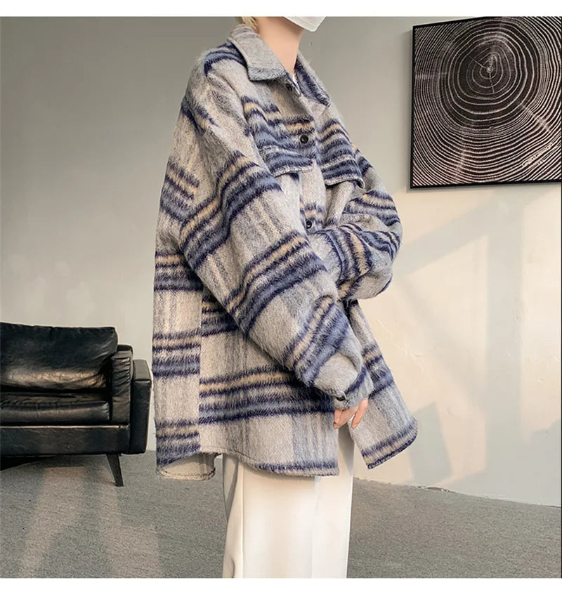 winter y2k vintage striped woolen jackets for men patchwork long sleeve plaid cardigan coats high street cargo shirt jacket unique cargo style 67