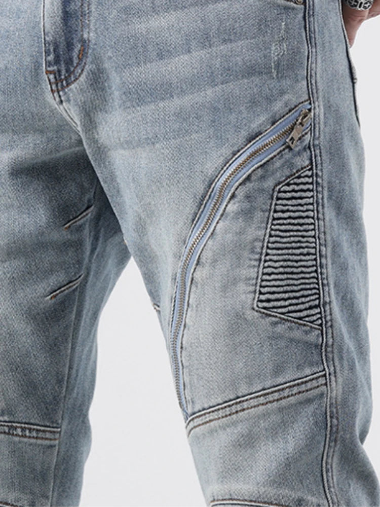zipper hole patchwork pleated skinny denim jeans men casual slim fit biker trouser jeans fashion streetwear hip hop jean joggers unique joggers style 771