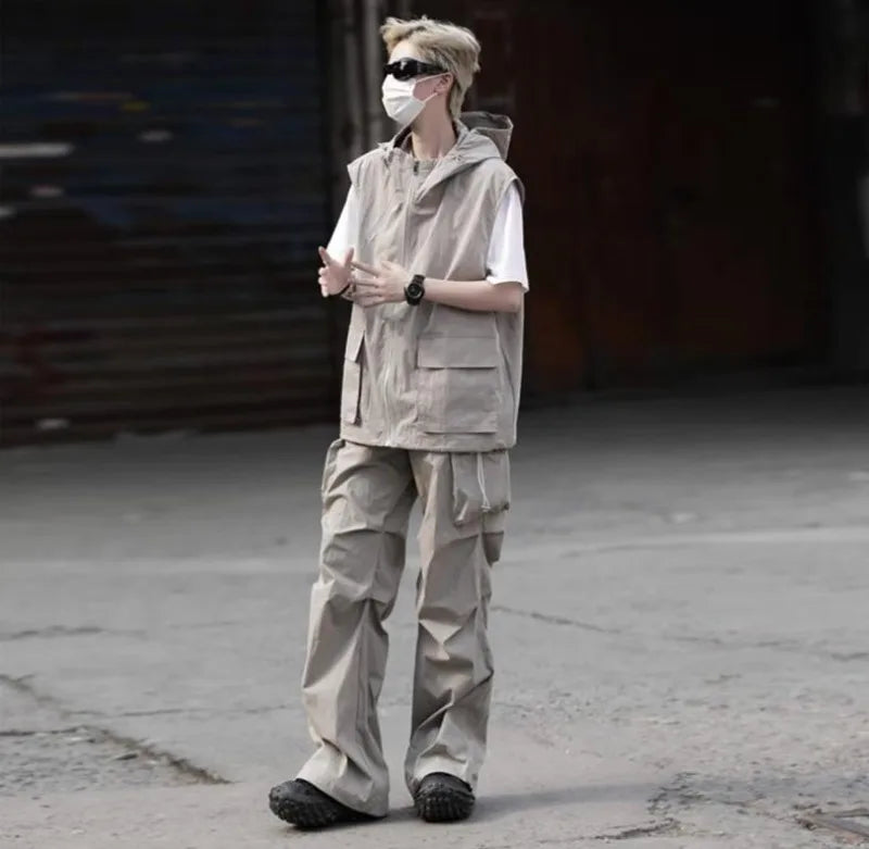 summer casual sleeveless set men hip hop loose hooded vest pockets straight leg cargo pants 2 piece outdoors sports camp suit unique cargo style 3832