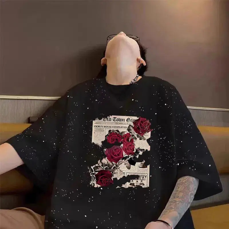Summer cotton loose round neck starry sky short sleeved men and women American street trend personalized printed T-shirt top Street King Limited