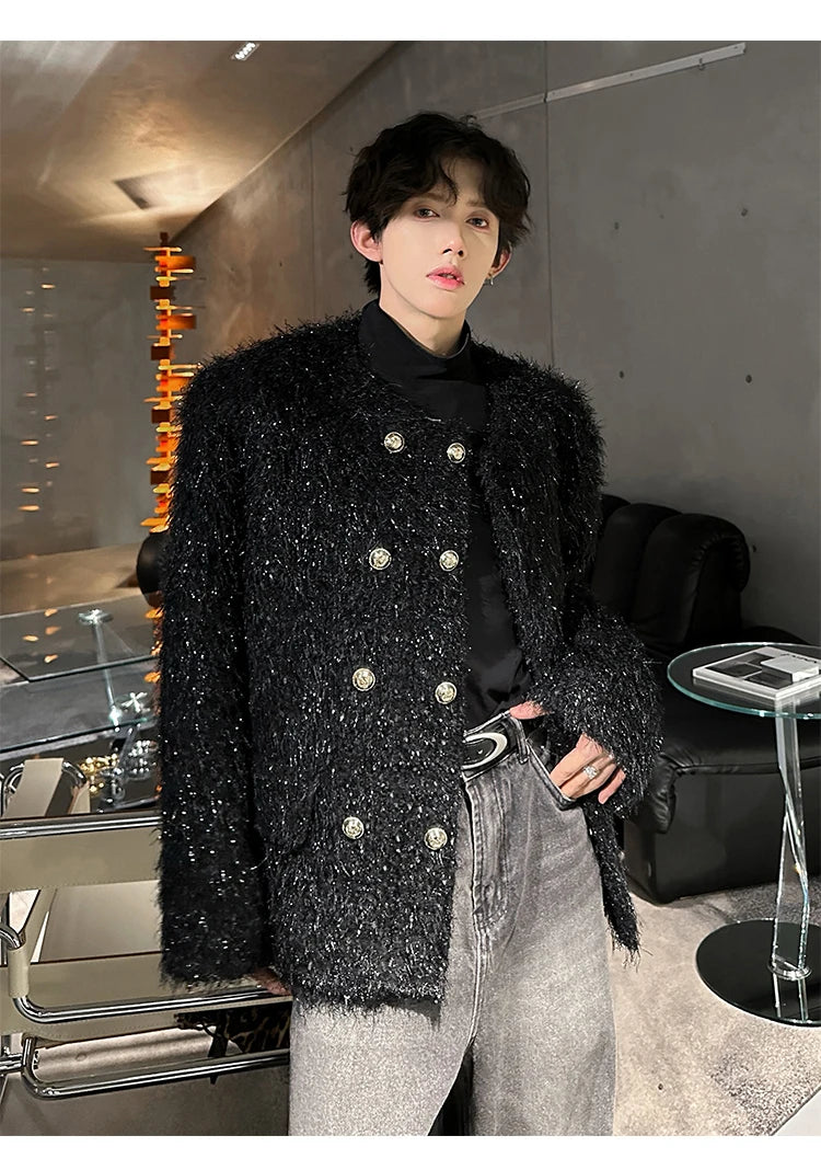 men double breasted french streetwear retro fashion loose casual tassels woolen short jacket man korean coat outerwear unique shorts style 1294