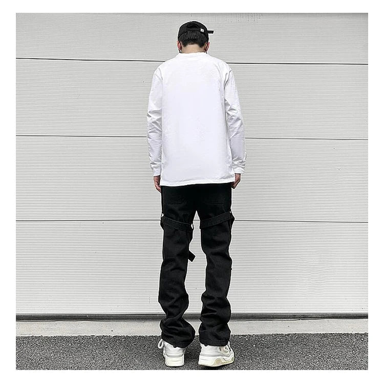 fashion knee adjust belt decoration denim jeans zipper straight jeans hip hop streetwear mens casual loose joggers jeans pants unique joggers style 1534