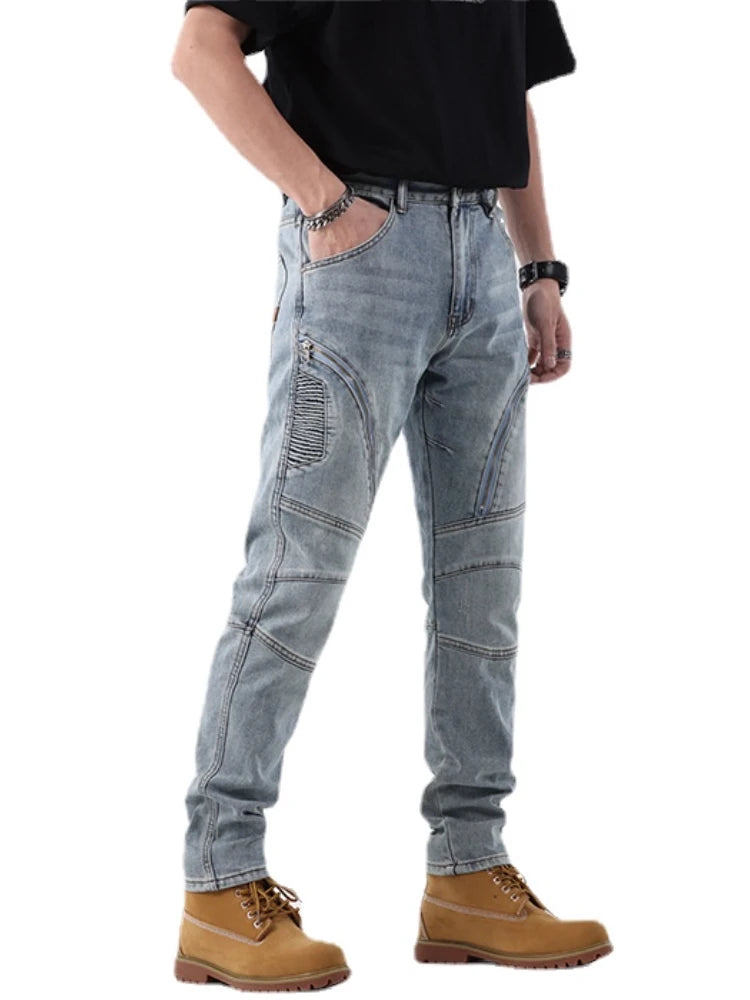 zipper hole patchwork pleated skinny denim jeans men casual slim fit biker trouser jeans fashion streetwear hip hop jean joggers relaxed fit joggers