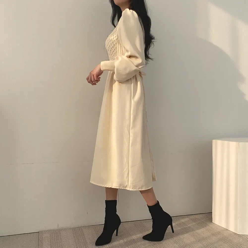 Winter Dress Long Elegant Splicing Stripes Y2k Knitted Dress Women Koean Fashion Long Sleeve Dresses Female Club Party Vestidos Street King Limited