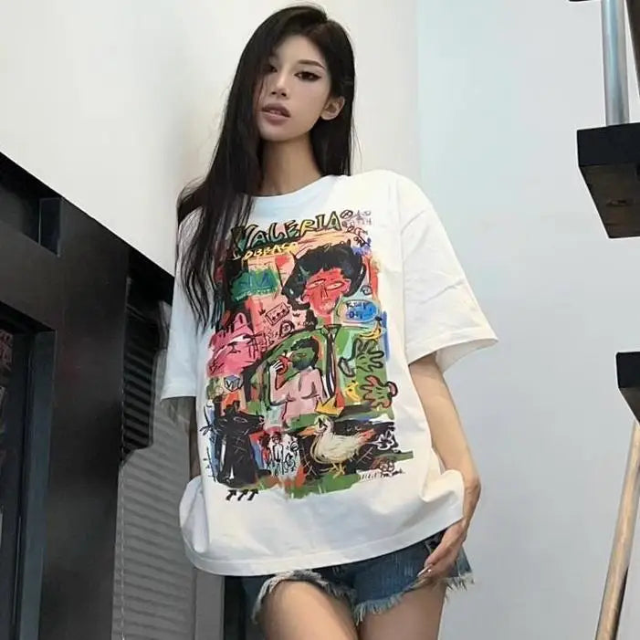 Summer t-shirt short-sleeved women's pure cotton student lazy style ins trend Korean round neck loose slim abstract y2k tops emo Street King Limited