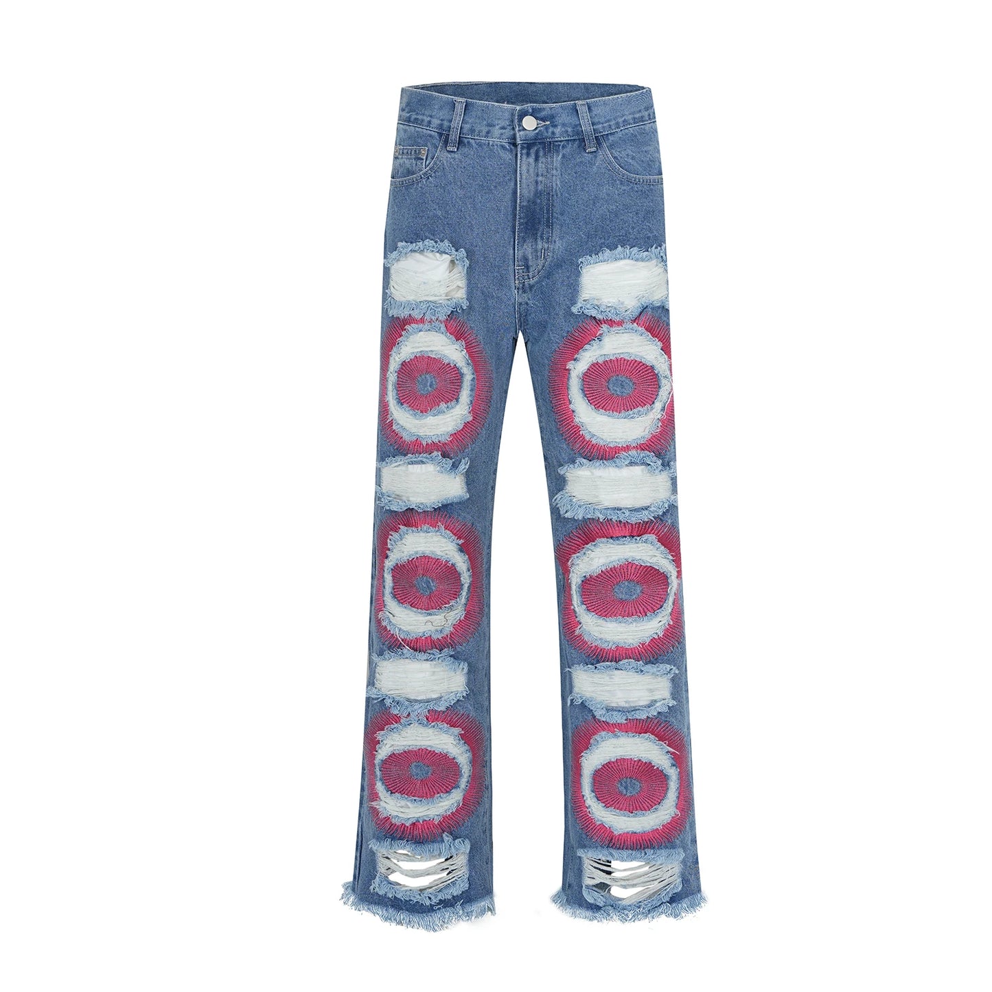 y2k streetwear embroidered ripped wide jeans for men washed destroyed torn flared jean male tassels hip hop jeans pants baggy stacked flare jeans