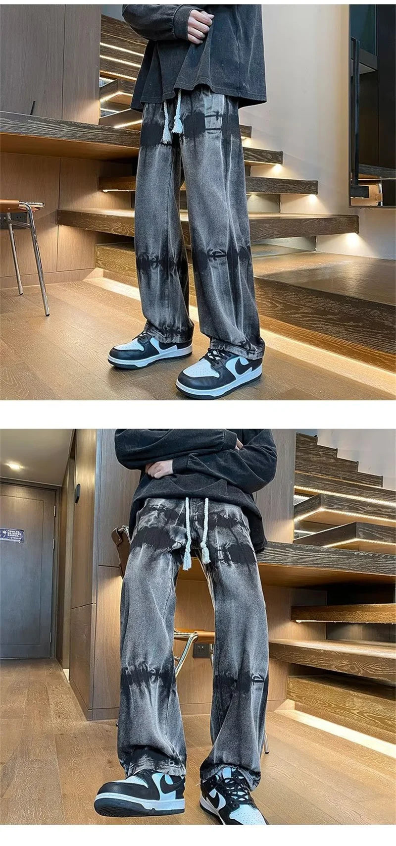 2025 new tie dye retro drawstring jeans for men baggy high street straight pants hip hop fashion casual y2k jean hombre pantalon unique jeans style 851