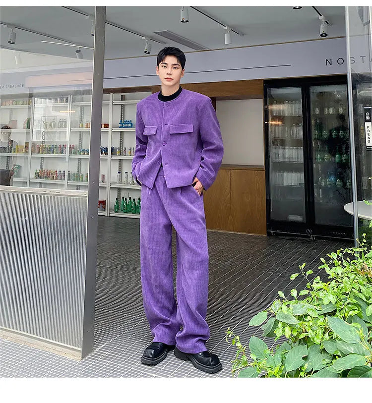 men 2 pieces sets corduroy short jacket wide leg pant suits korean streetwear fashion loose casual retro coat baggy trousers unique shorts style 2687
