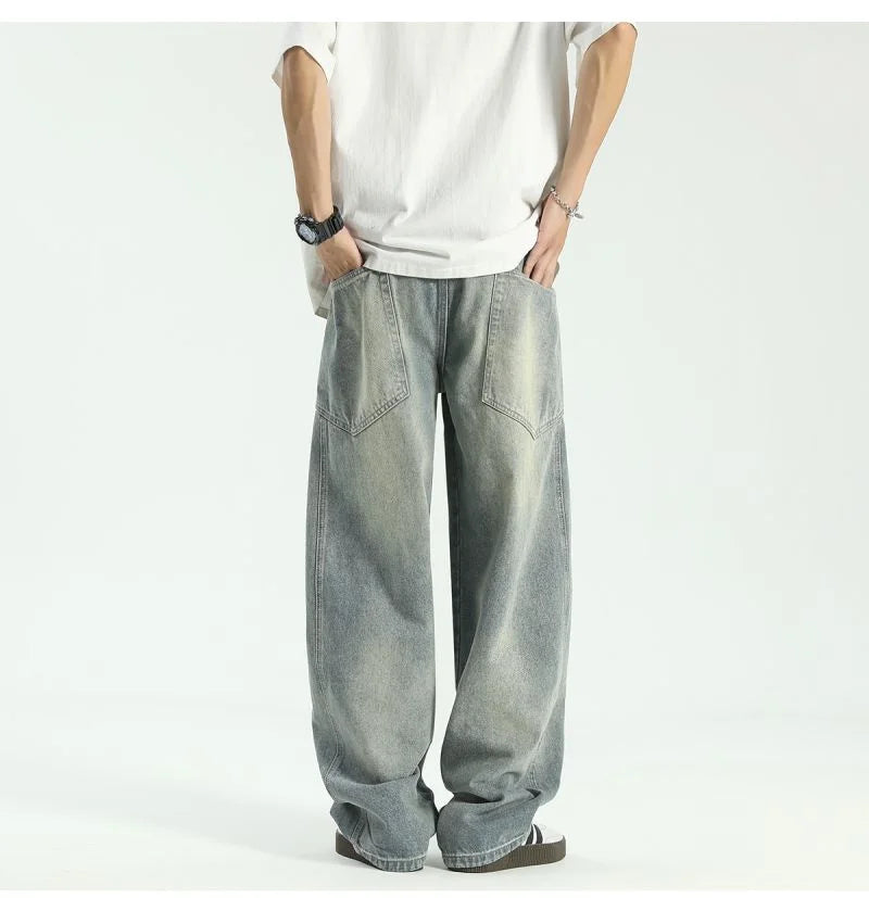 new vintage men s patchwork baggy jeans draped straight leg denim trousers autumn korean fashion high street casual y2k jean unique jeans style 535