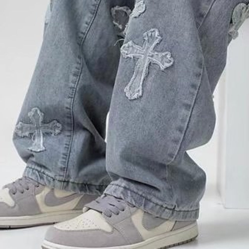 "Hearts" Streetwear Hip Hop Unisex Denim Pants Daulet Apparel