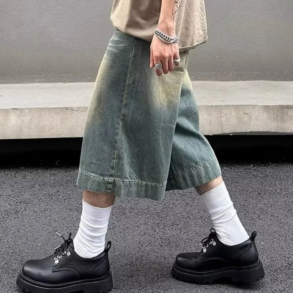 Summer Trend Denim Cropped Trousers Mens American Hip Hop Washed Wide Leg Shorts Unisex High Street Straight Cowboy Mid Pants Street King Limited