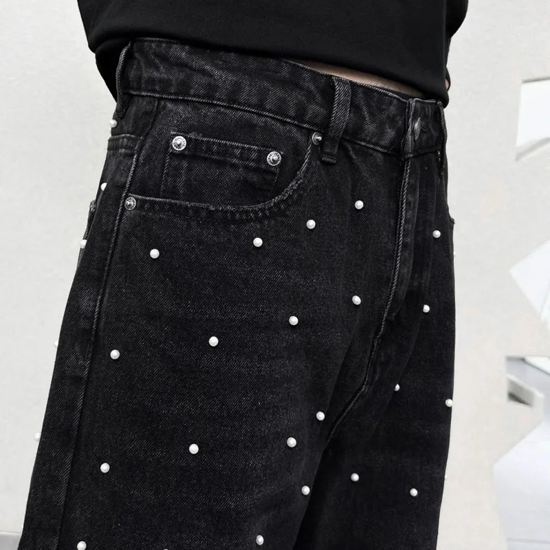 men bead streetwear fashion hip hop vibe loose casual wide leg straight denim jeans baggy pant man boyfriend jeans trousers unique jeans style 2874