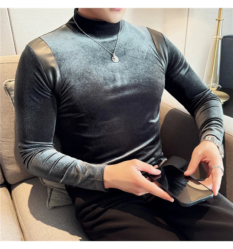 Turtleneck Stretch Slim-fit T-shirt Men Long Sleeve Thicken Elastic Velvet Retro Fashion Casual Tshirt Handsome Man T Shirts Street King Limited