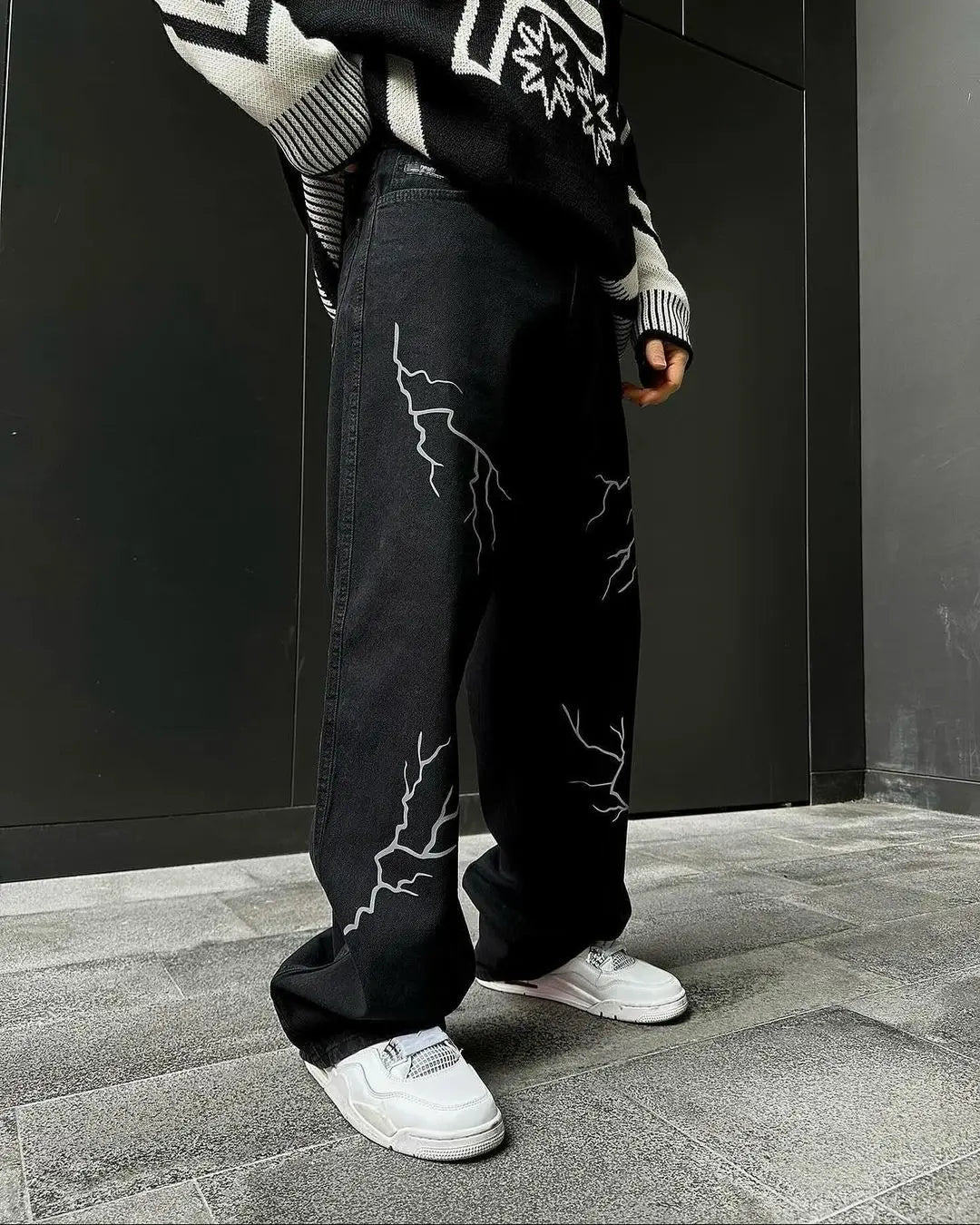 Harajuku fashion mens women’s jeans lightning graphic wide leg jean streetwear y2k denim cuples high waist pants men clothing Street King Limited
