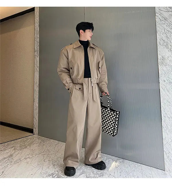 men 2 pieces sets quilted short cargo jacket pant autumn winter korean streetwear casual thicken bomber coat trousers suits unique cargo style 2645