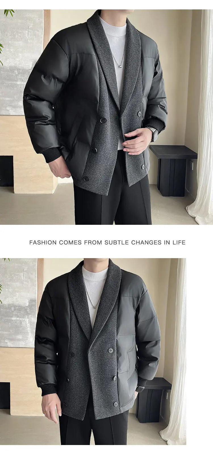 men winter woolen splice cotton padded business casual thicken warm jacket korean streetwear fashion parkas coat outerwear unique default style 1470