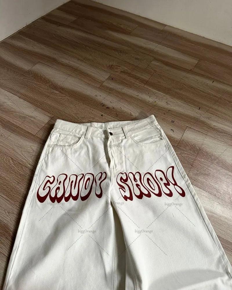 Y2K Harajuku Retro Washed Baggy Jeans Street Hip-hop Anime Printed Wide Pattern Straight Pants Men Trendy Brand Casual Trousers Street King Limited