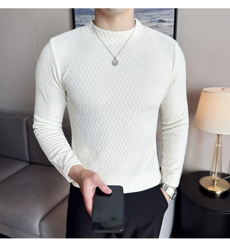 Autumn Winter Semi-turtleneck Stretch Slim Fit Long Sleeve Tshirt Men Thicken Velvet Jacquard Casual T-shirt Bottom T Shirt Street King Limited