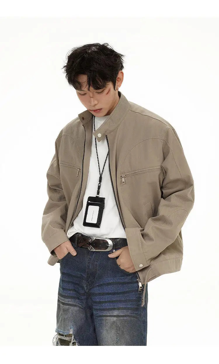 spring autumn fashion motorcycle jacket men stand collar loose casual korean streetwear vintage cargo jackets coat outerwear unique cargo style 213