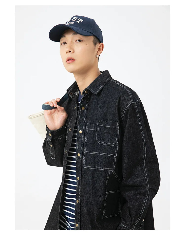 Vintage Men's Spring And Autumn New Washed Distressed Denim Shirt Jacket Loose Casual Long-Sleeved Coat Jacket Street King Limited