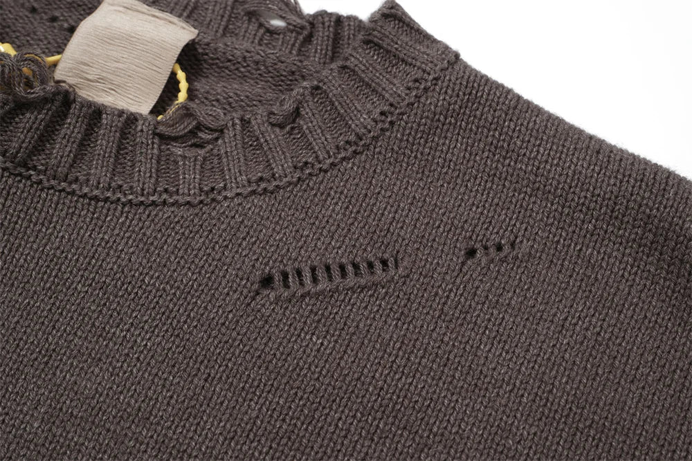 Undermycar 2023 New High Street Fashion Brand Worn Out Hole Large Loose Round Neck Sweater Brown Street King Limited