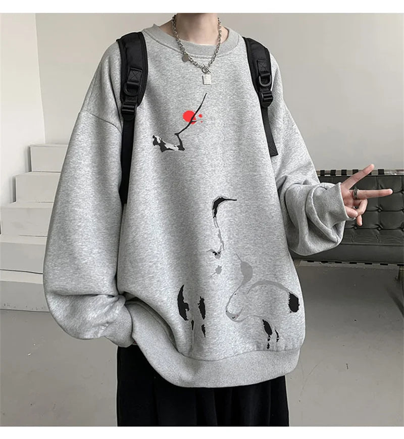Ink Painting Cartoon Crane Printed Pullover Hoodies For Men 2024 New Hip Hop Fashion Crewneck Hoody Y2K Streetwear Sweatshirts Street King Limited