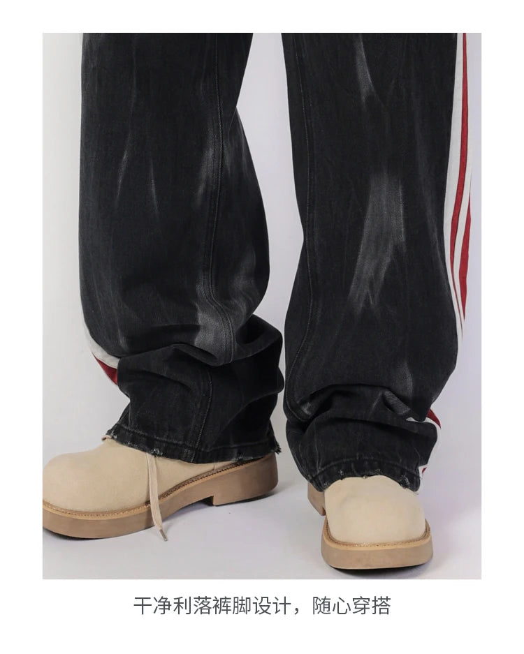 men streetwear fashion side splice hip hop loose casual wide leg straight baggy jeans pant cityboy jeans pants trousers unique jeans style 2504