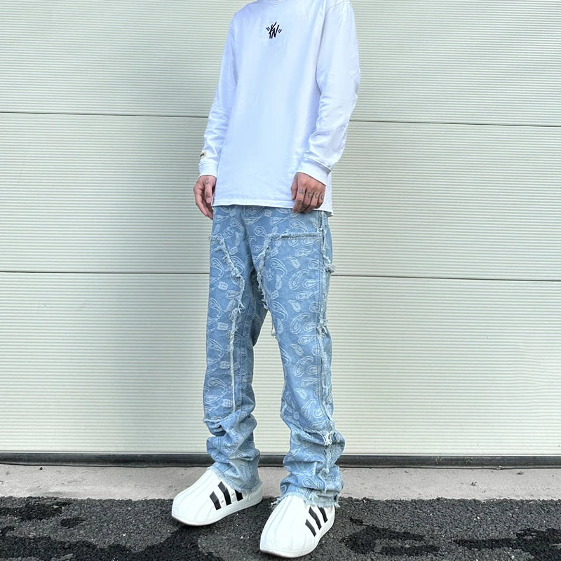 vintage high street washed light blue flared jeans cashew flower jacquard pattern rough edge jeans pants for men and women unique jeans style 921