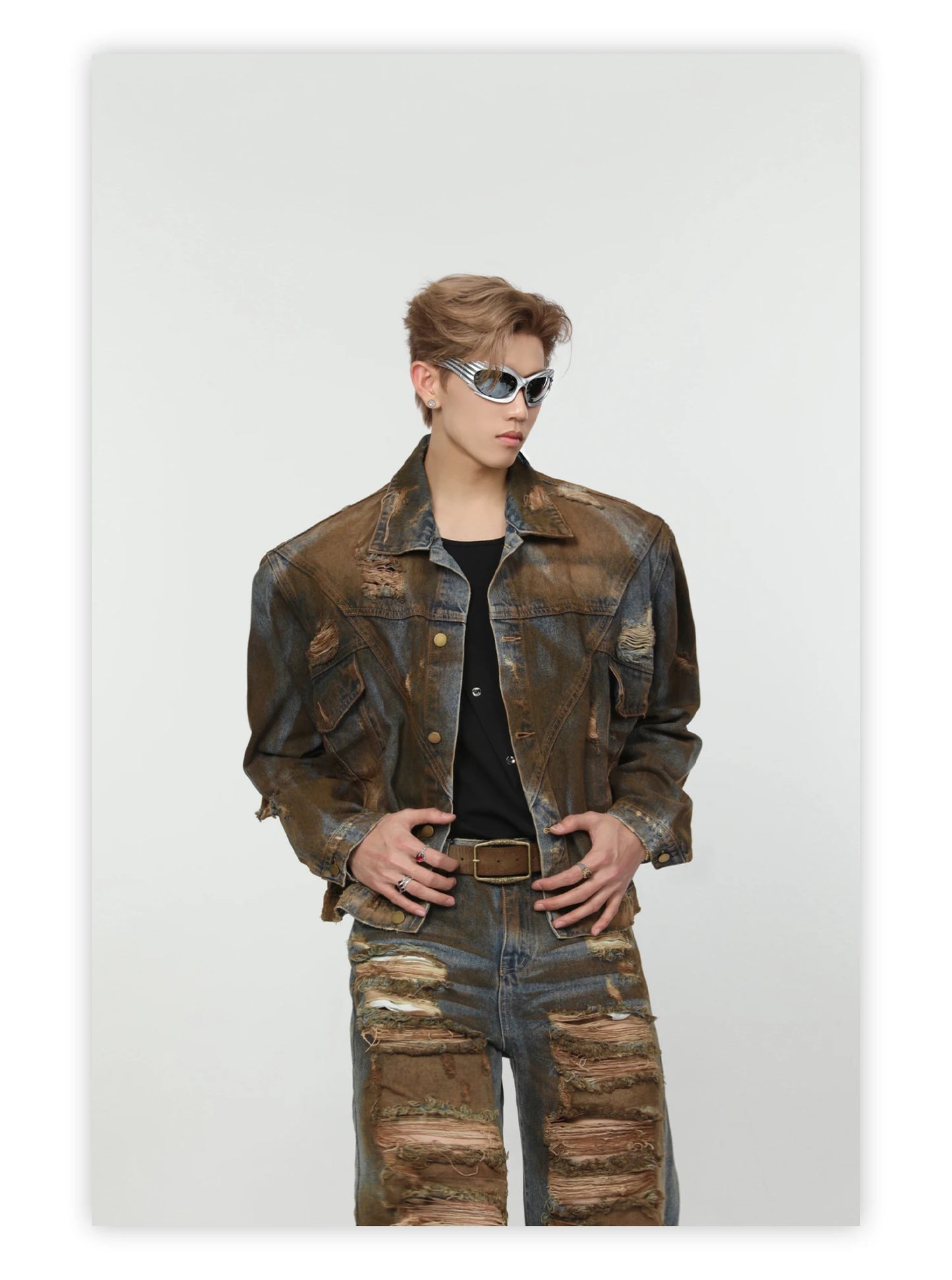 2 pieces sets mens dirty graffiti wide shouder denim jeans jacket coat and ripped holes wide legs pants joggers streetwear sets unique joggers style 3539