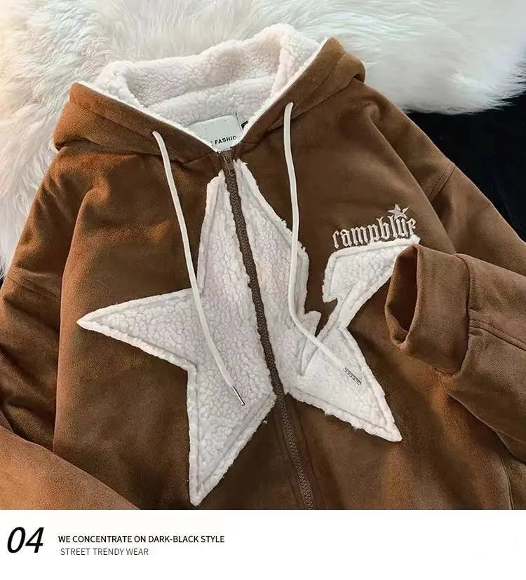 Star Hoodie American Style Retro Jackets Five Pointed Plush Thickened Lamb Wool Coat Women Autumn and Winter Loose Lazy Style Street King Limited