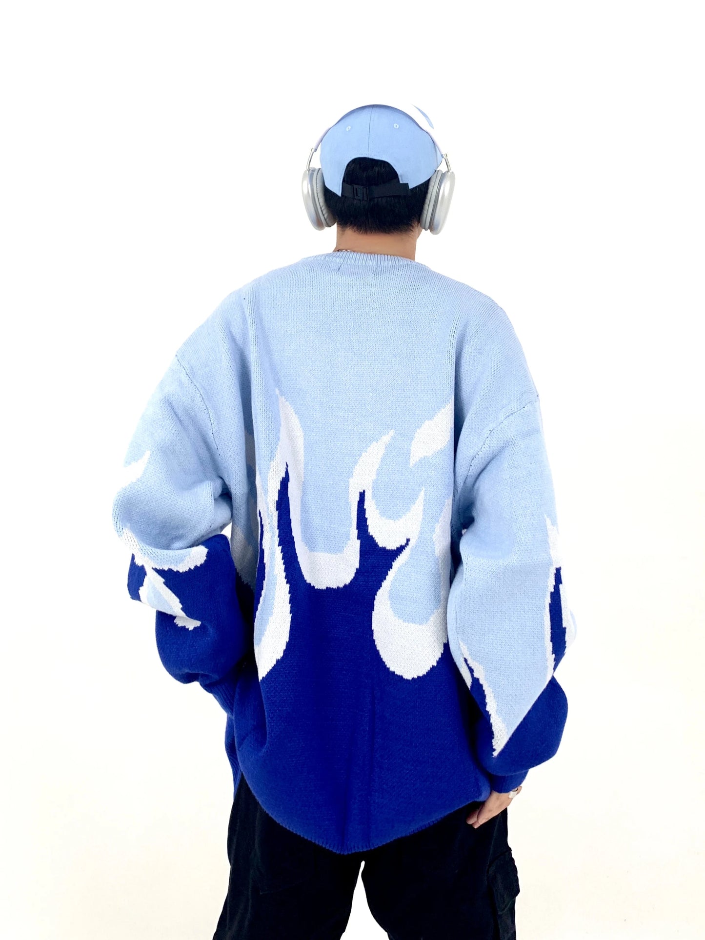 Hip Hop Fire Knitted Oversized Sweater Men Autumn Winter O-neck Long Sleeve Pullover Streetwear New Loose Tops Sweaters Clothing Street King Limited