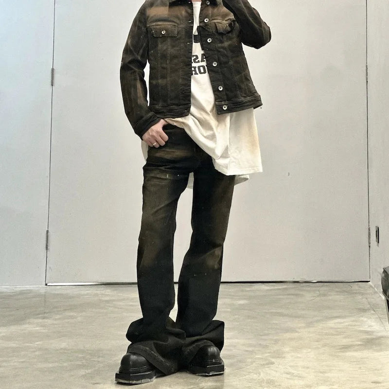 RO Ribbons Contrast Color Washed Micro Flared Jeans for Men Straight Casual Baggy Denim Trousers Ropa Hombre Loose Cargo Pants Street King Limited