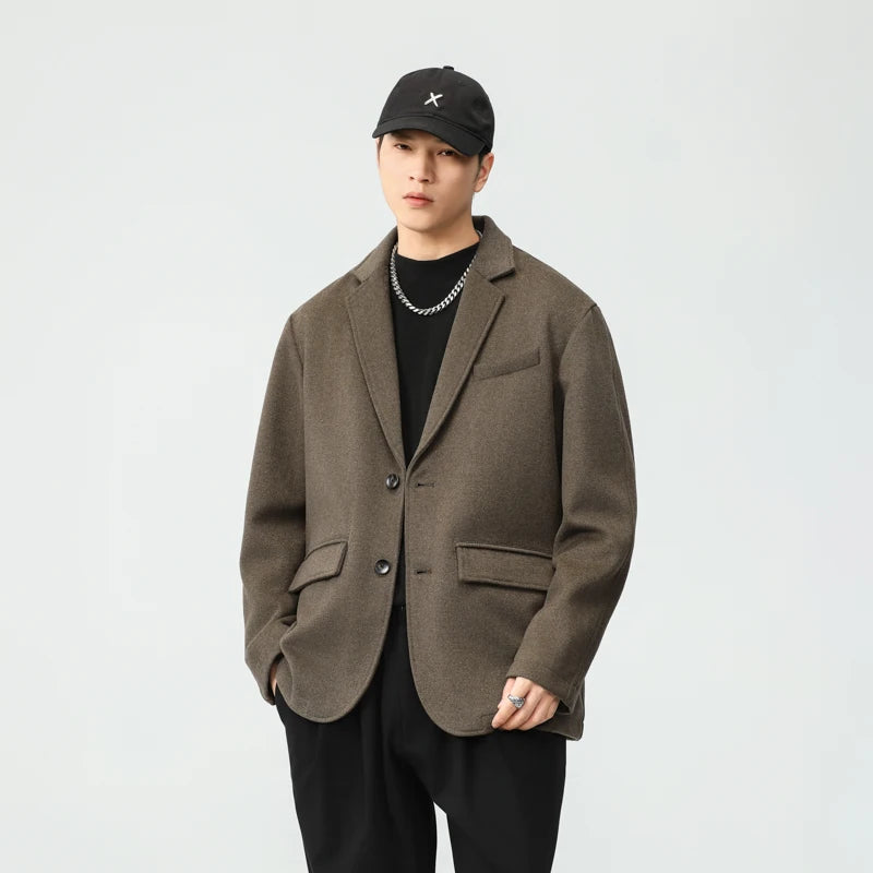 autumn winter men business casual fashion retro woolen thick blazer jacket korean streetwear plus size suit coat outerwear unique default style 1351