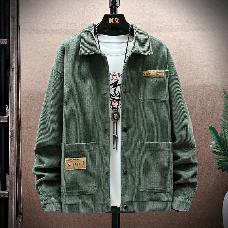 Streetwear Spring Appliques Long Sleeve Corduroy Shirts For Men Button Patchwork 2025 Spring Appliques Long Sleeve Corduroy Shirts For Men Button Patchwork Turn Down Collar Cargo Shirt Korean Fashion Jackets Fashion Sweater Jacket With Graphic Design For Men