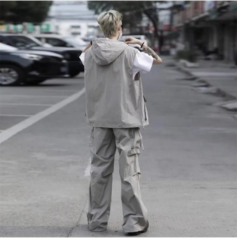 summer casual sleeveless set men hip hop loose hooded vest pockets straight leg cargo pants 2 piece outdoors sports camp suit unique cargo style 3834
