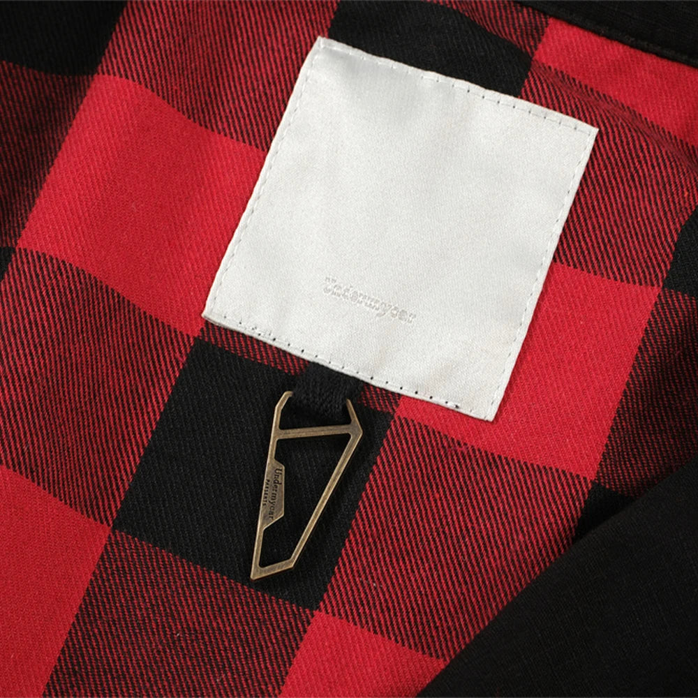 Undermycar 2023 New Worn Out Heavy Work Durable Splice Extra Large Loose Plaid Shirt with Black and Red Plaid Street King Limited