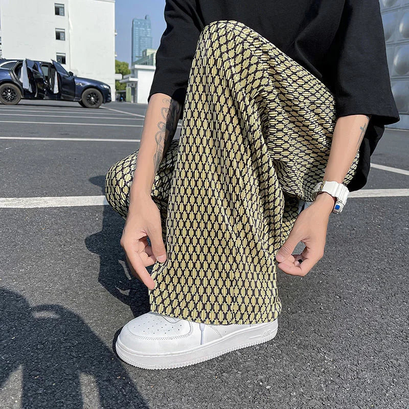 Summer Pleated Pants Men Fashion Casual Plaid Pants Men Streetwear Korean Loose Straight Ice Silk Pants Mens Plus Size Trousers Street King Limited