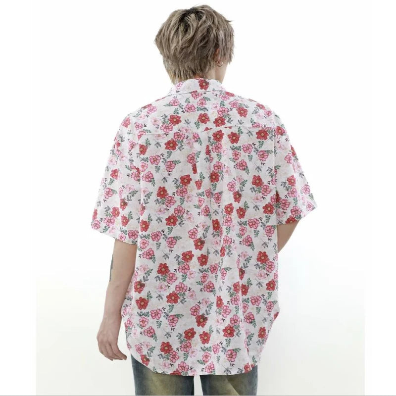 summer harajuku set mens flower print casual short sleeved top gradient straight leg jeans 2 pcs set high street trendy suit vintage washed jeans