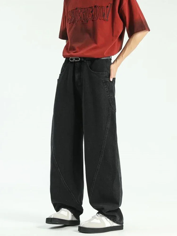 new vintage men s patchwork baggy jeans draped straight leg denim trousers autumn korean fashion high street casual y2k jean unique jeans style 545